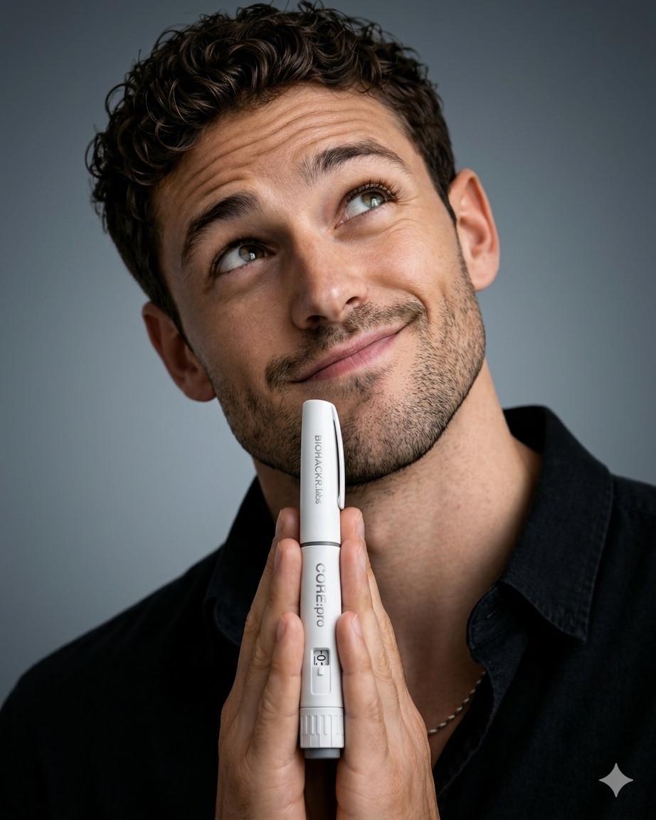 Full portrait of a man holding a CORE pen