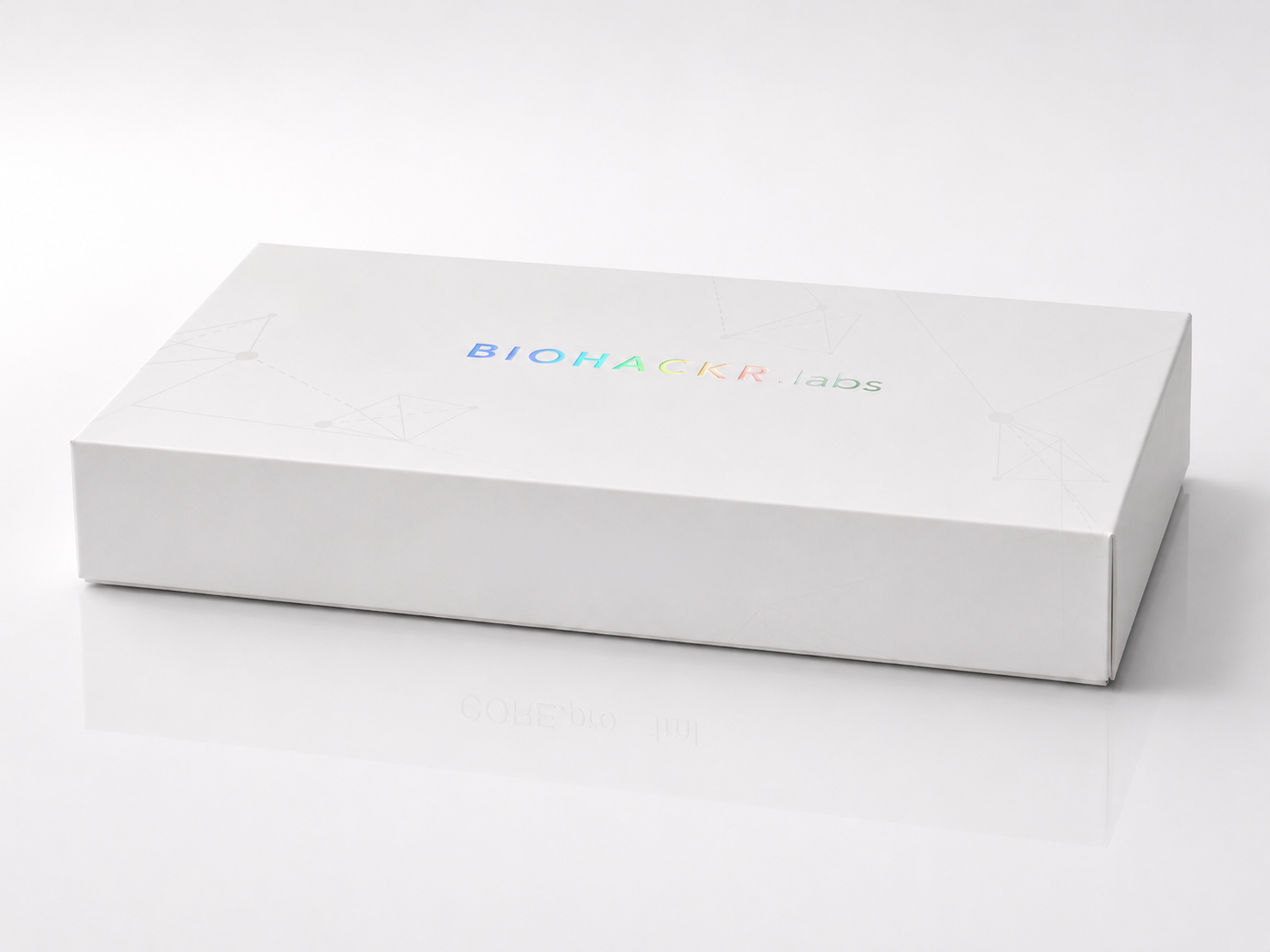 Biohackr.Labs premium white hard case — closed with holographic logo