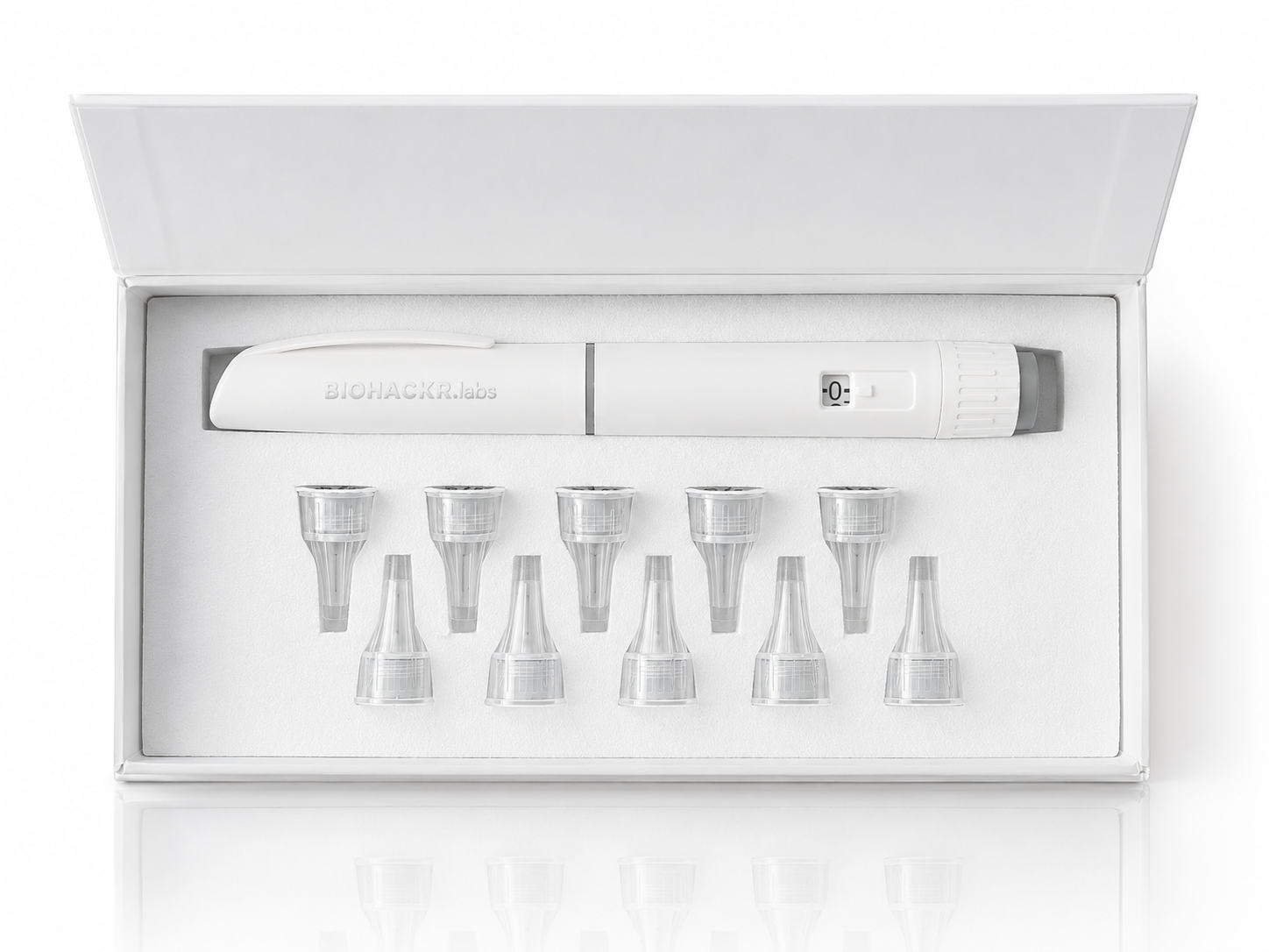 Biohackr.Labs premium hard case open — precision pen and 10 individually sealed micro needles