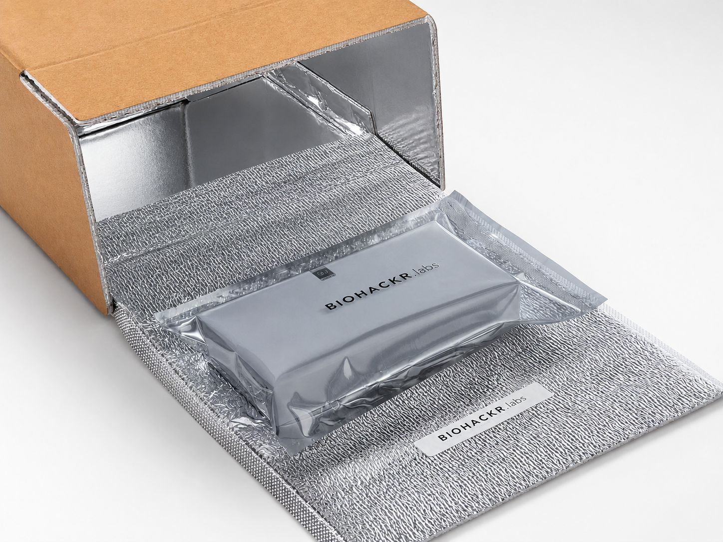 Biohackr.Labs temperature-controlled packaging — insulated inner liner with sealed product