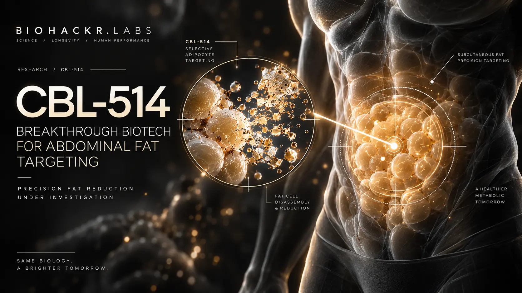 Conceptual CBL-514 illustration showing targeted abdominal fat and enlarged fat cells against a dark background.