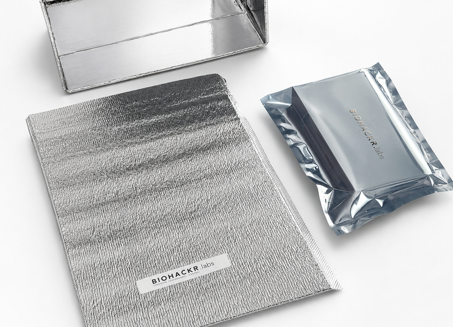 Biohackr.Labs cold-chain packaging components — thermal bag, insulated liner, sealed product